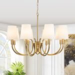 Brass 8-Light White Fabric Shade Scrolling Chandelier