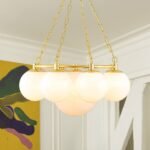 Brass 9-Light Alabaster Milky White Glass Globe Wheel Chandelier - Image 2