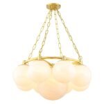 Brass 9-Light Alabaster Milky White Glass Globe Wheel Chandelier - Image 5