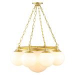 Brass 9-Light Alabaster Milky White Glass Globe Wheel Chandelier - Image 7