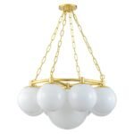 Brass 9-Light Alabaster Milky White Glass Globe Wheel Chandelier - Image 4