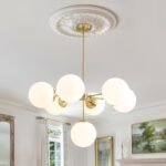 Mid-Century 7-light Brass Opal Glass Globe Sputnik Chandelier