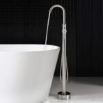 Contemporary Single Handle Floor Mount Freestanding Tub Filler Faucet with Hand Shower in Brushed Nickel Finish - Image 17