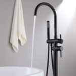 Freestanding Tub Faucet 2 Handle Bathtub Filler Faucet with Hand Shower Floor Mounted Tub Filler in Matte Black