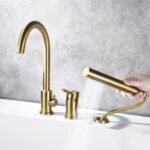 Split Bathtub Faucet, Three-Piece Basin Faucet, Cylinder Side Type Hot and Cold Water Mixer Tap, All Copper Round Single Handle Faucet Bathroom Shower,Black(Brushed Gold) - Image 5